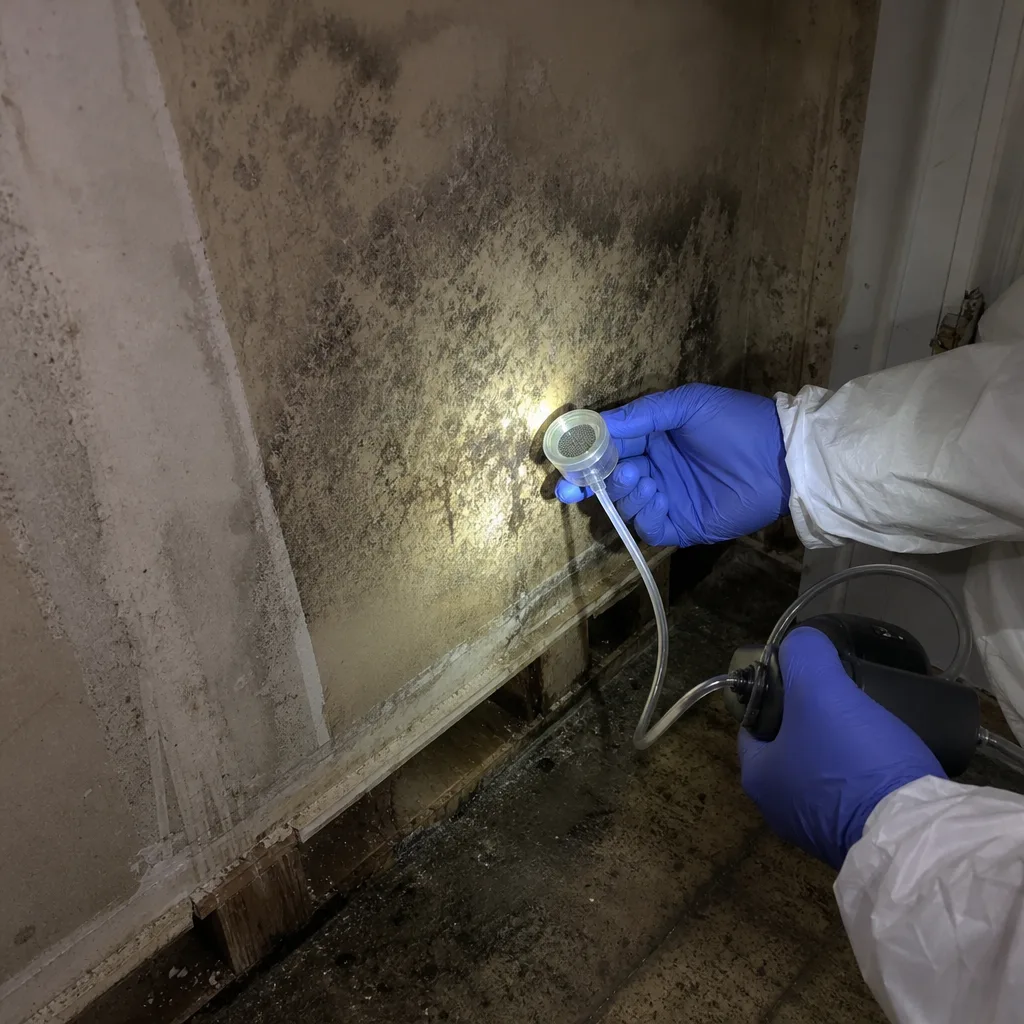 Technician performing professional mold air quality testing in a damaged building