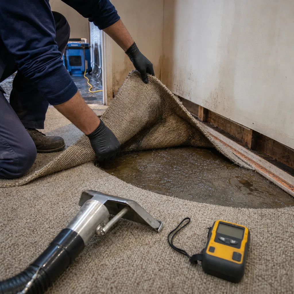 Water damage restoration professional inspecting soaked carpet and subfloor