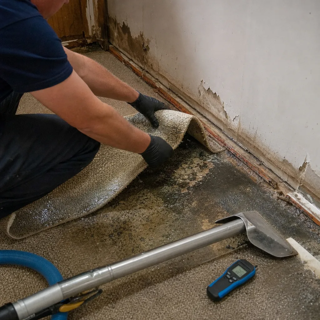 Water damage restoration technician using carpet extraction tool on wet flooring